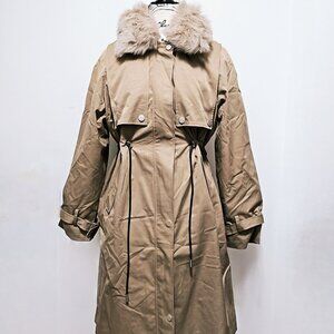 New Real Rex Rabbit Lapin Fur-Lined Parka Jacket Coat Khaki Sand Fox No Mink L